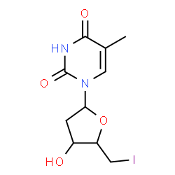 ChemSpider 2D Image | 1-(2,5-Dideoxy-5-iodopentofuranosyl)-5-methyl-2,4(1H,3H)-pyrimidinedione | C10H13IN2O4