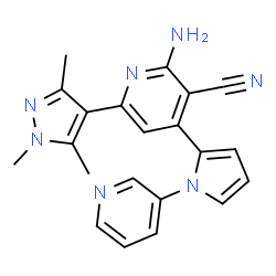 ChemSpider 2D Image | 2-Amino-4-[1-(3-pyridinyl)-1H-pyrrol-2-yl]-6-(1,3,5-trimethyl-1H-pyrazol-4-yl)nicotinonitrile | C21H19N7
