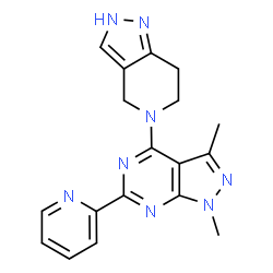 ChemSpider 2D Image | 1,3-Dimethyl-6-(2-pyridinyl)-4-(2,4,6,7-tetrahydro-5H-pyrazolo[4,3-c]pyridin-5-yl)-1H-pyrazolo[3,4-d]pyrimidine | C18H18N8