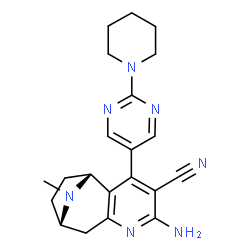 ChemSpider 2D Image | (1R,9S)-5-Amino-12-methyl-3-[2-(1-piperidinyl)-5-pyrimidinyl]-6,12-diazatricyclo[7.2.1.0~2,7~]dodeca-2,4,6-triene-4-carbonitrile | C21H25N7