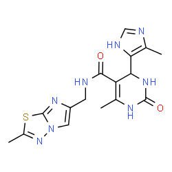 ChemSpider 2D Image | 6-Methyl-4-(4-methyl-1H-imidazol-5-yl)-N-[(2-methylimidazo[2,1-b][1,3,4]thiadiazol-6-yl)methyl]-2-oxo-1,2,3,4-tetrahydro-5-pyrimidinecarboxamide | C16H18N8O2S