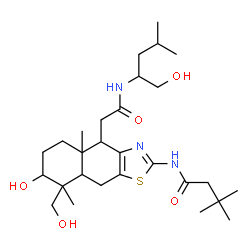 ChemSpider 2D Image | N-[7-Hydroxy-8-(hydroxymethyl)-4-{2-[(1-hydroxy-4-methyl-2-pentanyl)amino]-2-oxoethyl}-4a,8-dimethyl-4,4a,5,6,7,8,8a,9-octahydronaphtho[2,3-d][1,3]thiazol-2-yl]-3,3-dimethylbutanamide | C28H47N3O5S