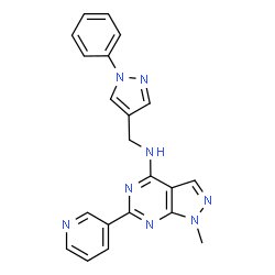 ChemSpider 2D Image | 1-Methyl-N-[(1-phenyl-1H-pyrazol-4-yl)methyl]-6-(3-pyridinyl)-1H-pyrazolo[3,4-d]pyrimidin-4-amine | C21H18N8