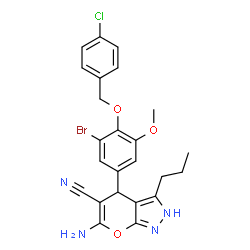 ChemSpider 2D Image | 6-Amino-4-{3-bromo-4-[(4-chlorobenzyl)oxy]-5-methoxyphenyl}-3-propyl-2,4-dihydropyrano[2,3-c]pyrazole-5-carbonitrile | C24H22BrClN4O3