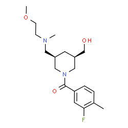 ChemSpider 2D Image | (3-Fluoro-4-methylphenyl)[(3R,5R)-3-(hydroxymethyl)-5-{[(2-methoxyethyl)(methyl)amino]methyl}-1-piperidinyl]methanone | C19H29FN2O3