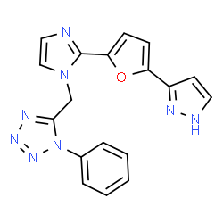 ChemSpider 2D Image | 1-Phenyl-5-({2-[5-(1H-pyrazol-3-yl)-2-furyl]-1H-imidazol-1-yl}methyl)-1H-tetrazole | C18H14N8O
