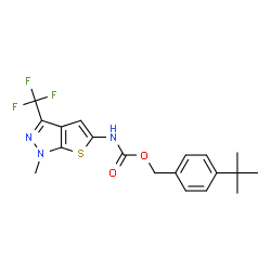ChemSpider 2D Image | 4-(2-Methyl-2-propanyl)benzyl [1-methyl-3-(trifluoromethyl)-1H-thieno[2,3-c]pyrazol-5-yl]carbamate | C19H20F3N3O2S