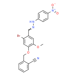 ChemSpider 2D Image | 2-[(5-Bromo-2-methoxy-4-{[(4-nitrophenyl)hydrazono]methyl}phenoxy)methyl]benzonitrile | C22H17BrN4O4