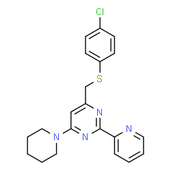 ChemSpider 2D Image | 4-{[(4-Chlorophenyl)sulfanyl]methyl}-6-(1-piperidinyl)-2-(2-pyridinyl)pyrimidine | C21H21ClN4S