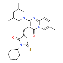 ChemSpider 2D Image | 3-[(3-Cyclohexyl-4-oxo-2-thioxo-1,3-thiazolidin-5-ylidene)methyl]-2-(3,5-dimethyl-1-piperidinyl)-7-methyl-4H-pyrido[1,2-a]pyrimidin-4-one | C26H32N4O2S2