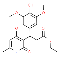 ChemSpider 2D Image | Ethyl 3-(4-hydroxy-3,5-dimethoxyphenyl)-3-(4-hydroxy-6-methyl-2-oxo-1,2-dihydro-3-pyridinyl)propanoate | C19H23NO7