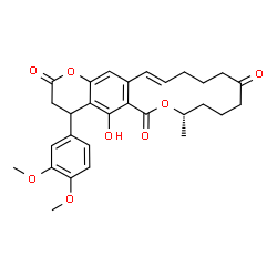 ChemSpider 2D Image | (8S,16E)-4-(3,4-Dimethoxyphenyl)-5-hydroxy-8-methyl-4,8,9,10,11,13,14,15-octahydro-2H,6H-oxacyclotetradecino[3,4-g]chromene-2,6,12(3H)-trione | C29H32O8