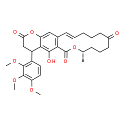 ChemSpider 2D Image | (8S,16E)-5-Hydroxy-8-methyl-4-(2,3,4-trimethoxyphenyl)-4,8,9,10,11,13,14,15-octahydro-2H,6H-oxacyclotetradecino[3,4-g]chromene-2,6,12(3H)-trione | C30H34O9