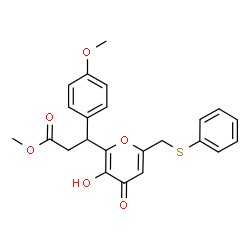 ChemSpider 2D Image | Methyl 3-{3-hydroxy-4-oxo-6-[(phenylsulfanyl)methyl]-4H-pyran-2-yl}-3-(4-methoxyphenyl)propanoate | C23H22O6S
