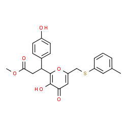 ChemSpider 2D Image | Methyl 3-(3-hydroxy-6-{[(3-methylphenyl)sulfanyl]methyl}-4-oxo-4H-pyran-2-yl)-3-(4-hydroxyphenyl)propanoate | C23H22O6S
