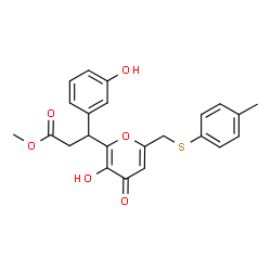 ChemSpider 2D Image | Methyl 3-(3-hydroxy-6-{[(4-methylphenyl)sulfanyl]methyl}-4-oxo-4H-pyran-2-yl)-3-(3-hydroxyphenyl)propanoate | C23H22O6S