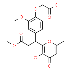 ChemSpider 2D Image | {4-[1-(3-Hydroxy-6-methyl-4-oxo-4H-pyran-2-yl)-3-methoxy-3-oxopropyl]-2-methoxyphenoxy}acetic acid | C19H20O9