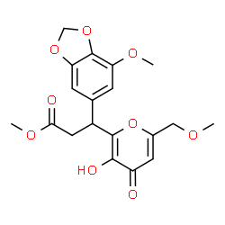 ChemSpider 2D Image | Methyl 3-[3-hydroxy-6-(methoxymethyl)-4-oxo-4H-pyran-2-yl]-3-(7-methoxy-1,3-benzodioxol-5-yl)propanoate | C19H20O9