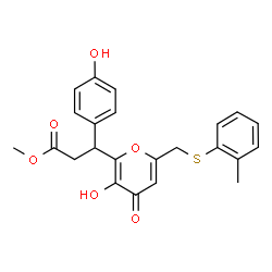 ChemSpider 2D Image | Methyl 3-(3-hydroxy-6-{[(2-methylphenyl)sulfanyl]methyl}-4-oxo-4H-pyran-2-yl)-3-(4-hydroxyphenyl)propanoate | C23H22O6S