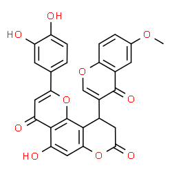 ChemSpider 2D Image | 2-(3,4-Dihydroxyphenyl)-5-hydroxy-10-(6-methoxy-4-oxo-4H-chromen-3-yl)-9,10-dihydro-4H,8H-pyrano[2,3-f]chromene-4,8-dione | C28H18O10