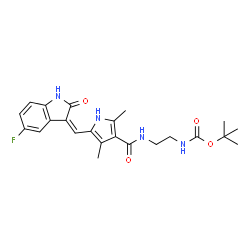 ChemSpider 2D Image | 2-Methyl-2-propanyl {2-[({5-[(Z)-(5-fluoro-2-oxo-1,2-dihydro-3H-indol-3-ylidene)methyl]-2,4-dimethyl-1H-pyrrol-3-yl}carbonyl)amino]ethyl}carbamate | C23H27FN4O4