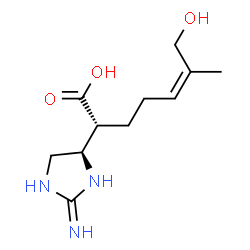 ChemSpider 2D Image | (2R,5Z)-2-[(4R)-2-Amino-4,5-dihydro-1H-imidazol-4-yl]-7-hydroxy-6-methyl-5-heptenoic acid | C11H19N3O3