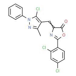 ChemSpider 2D Image | 4-[(5-Chloro-3-methyl-1-phenyl-1H-pyrazol-4-yl)methylene]-2-(2,4-dichlorophenyl)-1,3-oxazol-5(4H)-one | C20H12Cl3N3O2