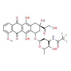 ChemSpider 2D Image | (3S)-3-Glycoloyl-3,5,12-trihydroxy-10-methoxy-6,11-dioxo-1,2,3,4,6,11-hexahydro-1-tetracenyl (5xi)-2,3,6-trideoxy-3-[(trifluoroacetyl)amino]-alpha-L-threo-hexopyranoside | C29H28F3NO12
