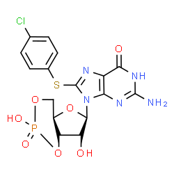 ChemSpider 2D Image | 2-Amino-8-[(4-chlorophenyl)sulfanyl]-9-[(4aR,6R,7R,7aS)-2,7-dihydroxy-2-oxidotetrahydro-4H-furo[3,2-d][1,3,2]dioxaphosphinin-6-yl]-1,9-dihydro-6H-purin-6-one | C16H15ClN5O7PS
