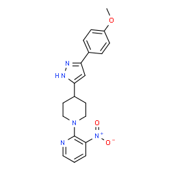 ChemSpider 2D Image | 2-[4-[3-(4-methoxyphenyl)-1H-pyrazol-5-yl]-1-piperidinyl]-3-nitropyridine | C20H21N5O3