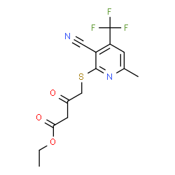 ChemSpider 2D Image | Ethyl 4-{[3-cyano-6-methyl-4-(trifluoromethyl)-2-pyridinyl]sulfanyl}-3-oxobutanoate | C14H13F3N2O3S