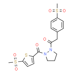 ChemSpider 2D Image | 2-[4-(Methylsulfonyl)phenyl]-1-(2-{[5-(methylsulfonyl)-2-thienyl]carbonyl}-1-pyrazolidinyl)ethanone | C18H20N2O6S3