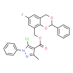 ChemSpider 2D Image | (6-Fluoro-2-phenyl-4H-1,3-benzodioxin-8-yl)methyl 5-chloro-3-methyl-1-phenyl-1H-pyrazole-4-carboxylate | C26H20ClFN2O4