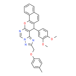ChemSpider 2D Image | 14-(3,4-Dimethoxyphenyl)-2-[(4-methylphenoxy)methyl]-14H-benzo[7,8]chromeno[3,2-e][1,2,4]triazolo[1,5-c]pyrimidine | C32H26N4O4