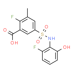 ChemSpider 2D Image | 2-Fluoro-5-[(2-fluoro-6-hydroxyphenyl)sulfamoyl]-3-methylbenzoic acid | C14H11F2NO5S