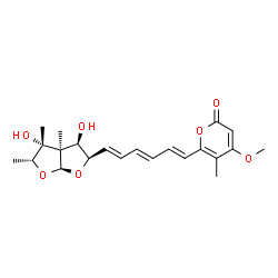 ChemSpider 2D Image | 6-{(1E,3E,5E)-6-[(2R,3R,3aR,4R,5R,6aS)-3,4-Dihydroxy-3a,4,5-trimethylhexahydrofuro[2,3-b]furan-2-yl]-1,3,5-hexatrien-1-yl}-4-methoxy-5-methyl-2H-pyran-2-one | C22H28O7