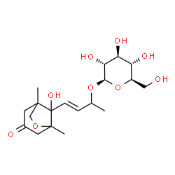 ChemSpider 2D Image | (3E)-4-(8-Hydroxy-1,5-dimethyl-3-oxo-6-oxabicyclo[3.2.1]oct-8-yl)-3-buten-2-yl beta-D-glucopyranoside | C19H30O9
