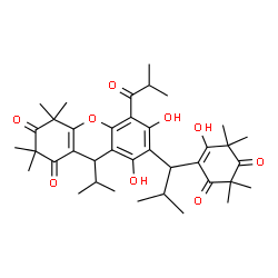 ChemSpider 2D Image | 6,8-Dihydroxy-7-[1-(2-hydroxy-3,3,5,5-tetramethyl-4,6-dioxo-1-cyclohexen-1-yl)-2-methylpropyl]-5-isobutyryl-9-isopropyl-2,2,4,4-tetramethyl-4,9-dihydro-1H-xanthene-1,3(2H)-dione | C38H50O9