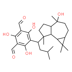 ChemSpider 2D Image | 2,4,6-Trihydroxy-5-[1-(4-hydroxy-1,1,4,7-tetramethyldecahydro-1H-cyclopropa[e]azulen-7-yl)-3-methylbutyl]isophthalaldehyde | C28H40O6