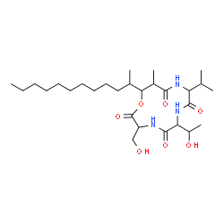 ChemSpider 2D Image | 13-(2-Dodecanyl)-6-(1-hydroxyethyl)-3-(hydroxymethyl)-9-isopropyl-12-methyl-1-oxa-4,7,10-triazacyclotridecane-2,5,8,11-tetrone | C28H51N3O7