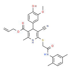 ChemSpider 2D Image | Allyl 5-cyano-6-({2-[(2,5-dimethylphenyl)amino]-2-oxoethyl}sulfanyl)-4-(4-hydroxy-3-methoxyphenyl)-2-methyl-1,4-dihydro-3-pyridinecarboxylate | C28H29N3O5S
