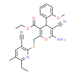 ChemSpider 2D Image | Ethyl 6-amino-5-cyano-2-{[(3-cyano-6-ethyl-5-methyl-2-pyridinyl)sulfanyl]methyl}-4-(2-methoxyphenyl)-4H-pyran-3-carboxylate | C26H26N4O4S