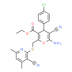 ChemSpider 2D Image | Ethyl 6-amino-4-(4-chlorophenyl)-5-cyano-2-{[(3-cyano-4,6-dimethyl-2-pyridinyl)sulfanyl]methyl}-4H-pyran-3-carboxylate | C24H21ClN4O3S