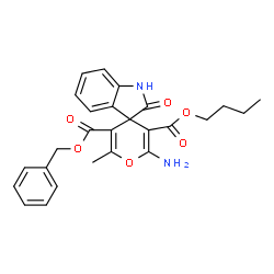 ChemSpider 2D Image | 5'-Benzyl 3'-butyl 2'-amino-6'-methyl-2-oxo-1,2-dihydrospiro[indole-3,4'-pyran]-3',5'-dicarboxylate | C26H26N2O6