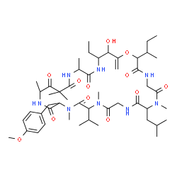ChemSpider 2D Image | 2-sec-Butyl-28-ethyl-29-hydroxy-8-isobutyl-14-isopropyl-17-(4-methoxybenzyl)-7,13,16,20,22,22,25-heptamethyl-30-methylene-1-oxa-4,7,10,13,16,19,24,27-octaazacyclotriacontane-3,6,9,12,15,18,21,23,26-no
none | C50H80N8O12