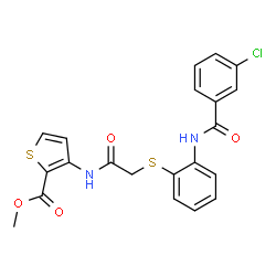 ChemSpider 2D Image | Methyl 3-{[({2-[(3-chlorobenzoyl)amino]phenyl}sulfanyl)acetyl]amino}-2-thiophenecarboxylate | C21H17ClN2O4S2
