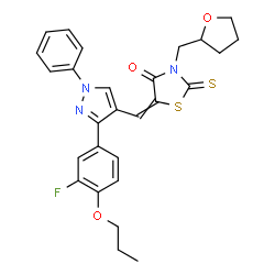 ChemSpider 2D Image | 5-{[3-(3-Fluoro-4-propoxyphenyl)-1-phenyl-1H-pyrazol-4-yl]methylene}-3-(tetrahydro-2-furanylmethyl)-2-thioxo-1,3-thiazolidin-4-one | C27H26FN3O3S2