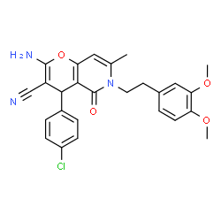 ChemSpider 2D Image | 2-Amino-4-(4-chlorophenyl)-6-[2-(3,4-dimethoxyphenyl)ethyl]-7-methyl-5-oxo-5,6-dihydro-4H-pyrano[3,2-c]pyridine-3-carbonitrile | C26H24ClN3O4
