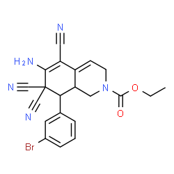 ChemSpider 2D Image | Ethyl 6-amino-8-(3-bromophenyl)-5,7,7-tricyano-3,7,8,8a-tetrahydro-2(1H)-isoquinolinecarboxylate | C21H18BrN5O2