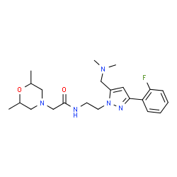 ChemSpider 2D Image | N-(2-{5-[(Dimethylamino)methyl]-3-(2-fluorophenyl)-1H-pyrazol-1-yl}ethyl)-2-(2,6-dimethyl-4-morpholinyl)acetamide | C22H32FN5O2